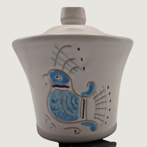 Sardinia Italy Hand Painted Ceramic Lidded Sugar Bowl Trinket Dish Blue Bird 3"